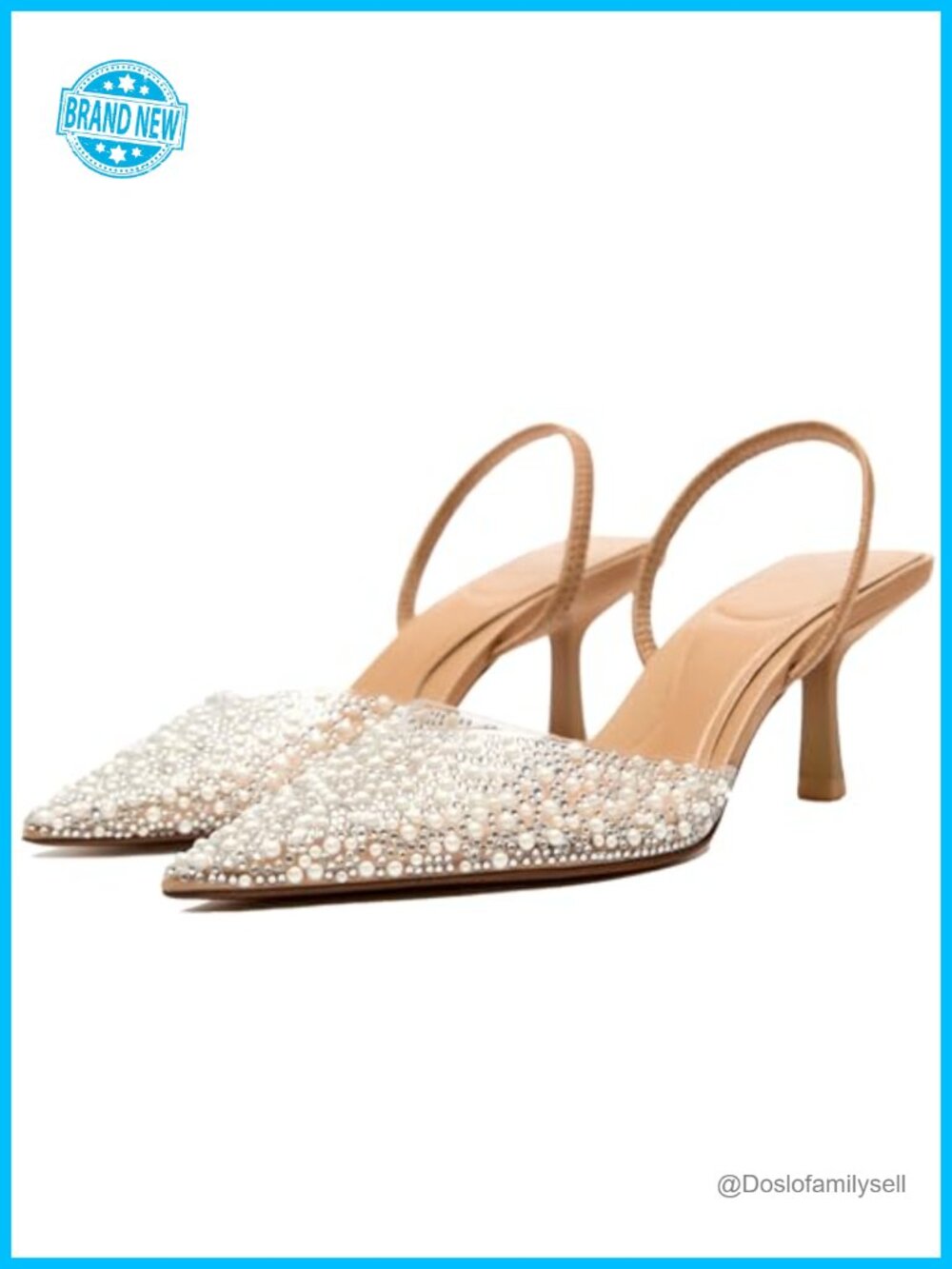 Women's Pearl Rhinestone Kitten Heel Slingback Pumps Pointed Toe